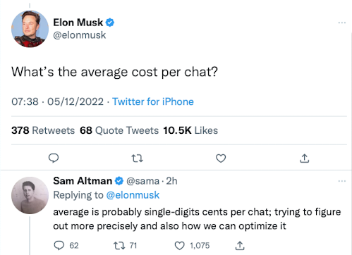 Sam Altman and Elon Musk talk cost of ChatGPT